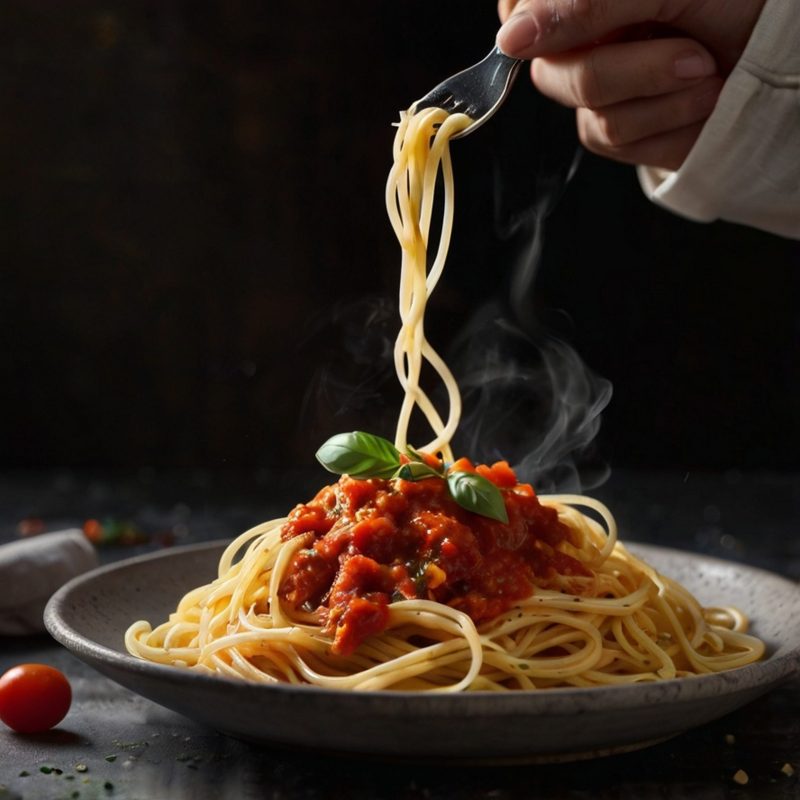 A forkful of steaming spaghetti with shiny noodles